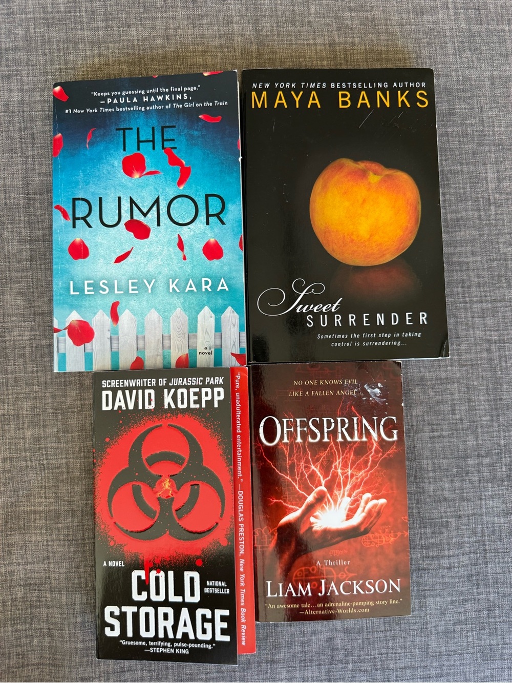 Four Paperback Thriller & Romance Book Lot - Blue, Black, Red, Orange Covers